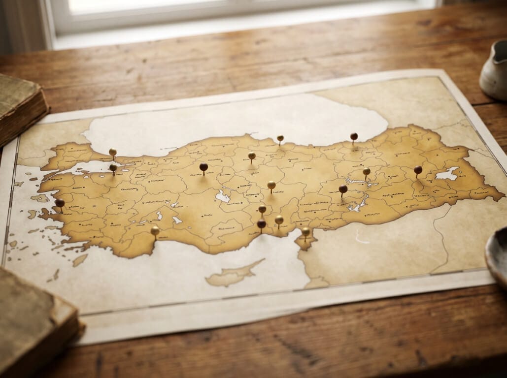 Ahşap masa üzerindeki Türkiye haritasında farklı şehirlerdeki çalışmaları simgeleyen işaretleyici raptiyeler