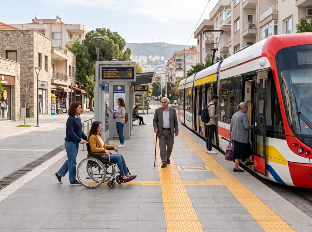 Erişilebilir toplu taşımayı simgeleyen, hissedilebilir sarı zeminli durakta tramvaya binen bastonlu adam ve tekerlekli sandalyeli yolcu