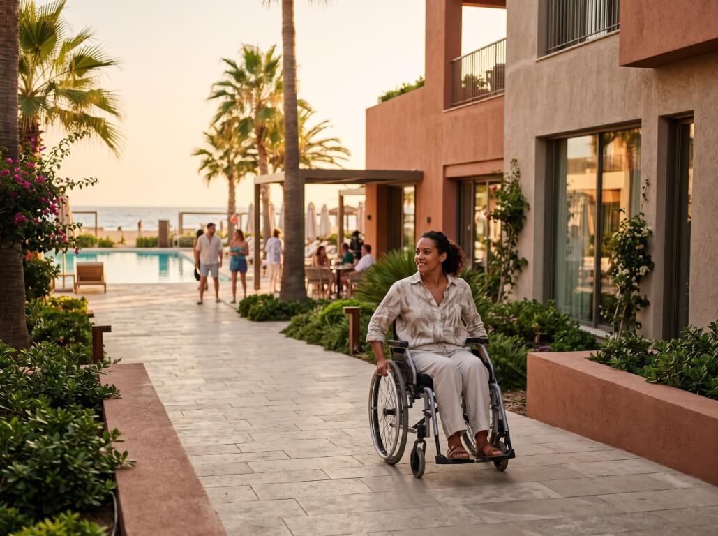 Engelsiz turizmi simgeleyen, otel bahçesinde ve havuz kenarında tekerlekli sandalyesiyle rahatça gezen kadın